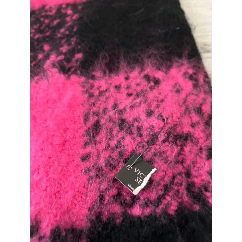 Victoria’s Secret woman’s pink black plaid rectangular scarf with fringe